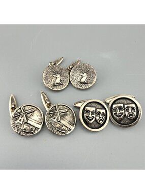 Set Of 3 Vintage Silver Tone Cufflinks Windmill Comedy Tragedy Masks Deer Design